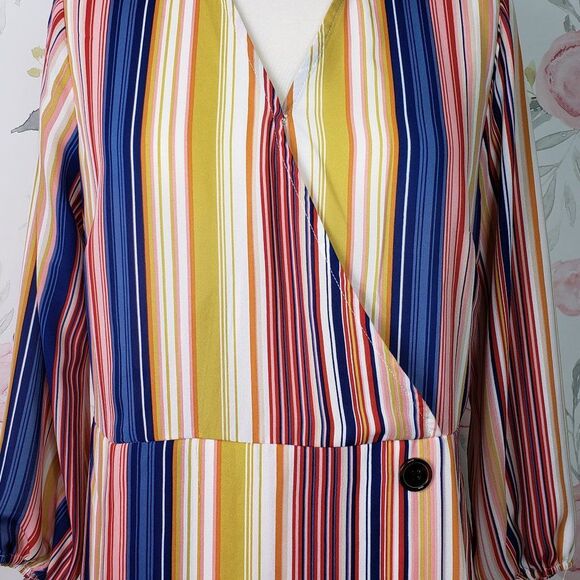 CUTE Yellow Striped Surplice Top Peplum Blouse womens M V Neck medium - Picture 3 of 9